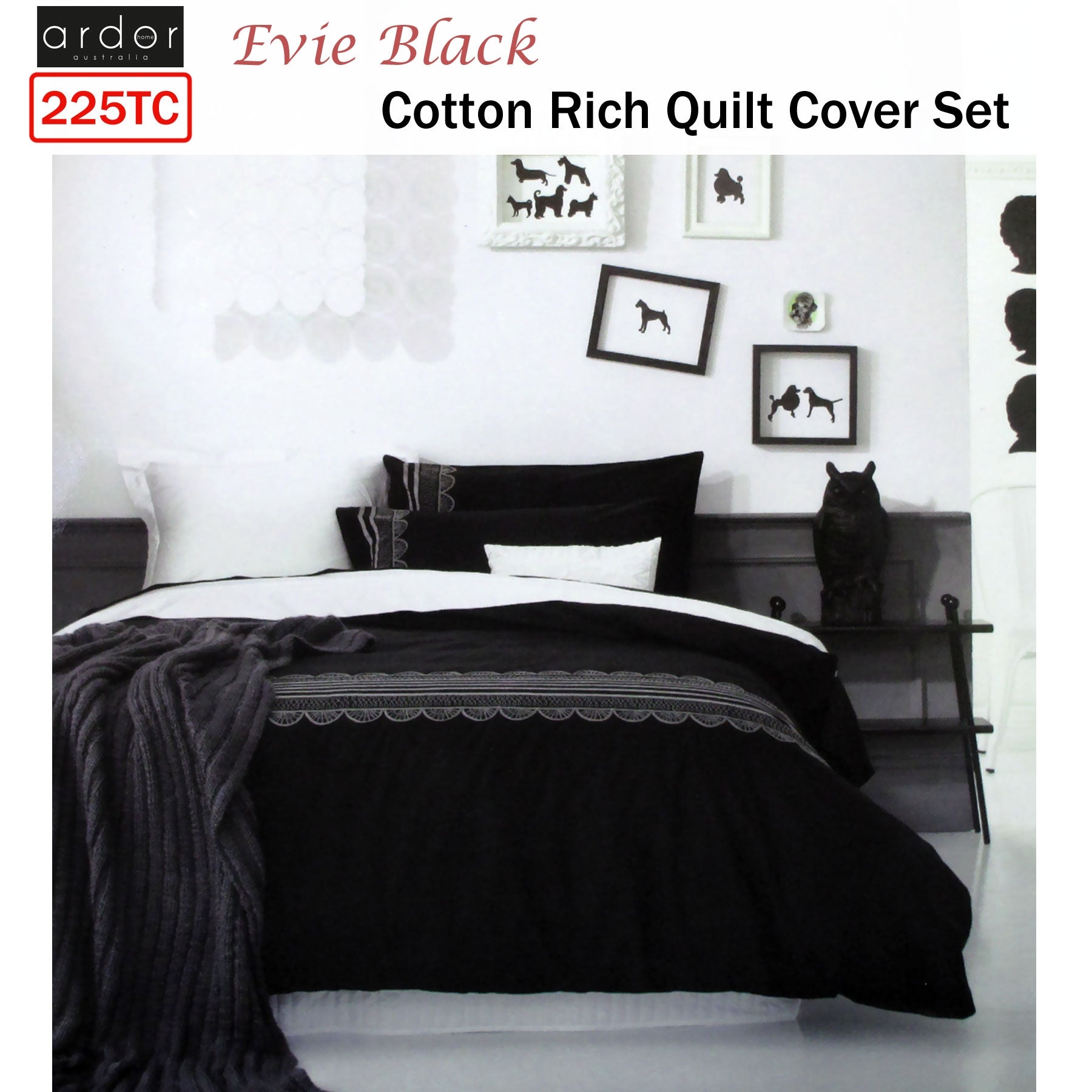 Ardor Evie Black Quilt Cover Set King - 225 Thread Count, Grosgrain Ribbon, Embroidery - SuperSaverAU - view 1