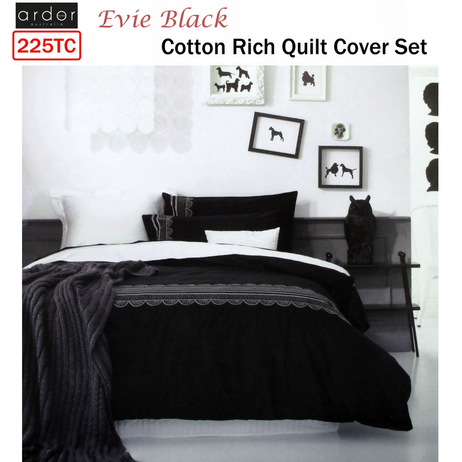 Ardor Evie Black Quilt Cover Set King - 225 Thread Count, Grosgrain Ribbon, Embroidery - SuperSaverAU - view 1