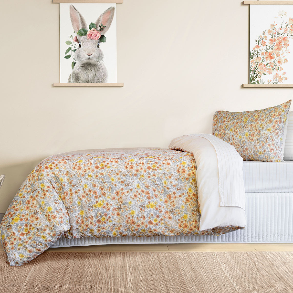 Jelly Bean Kids Flora Brown Quilt Cover Set Double - Floral Print, Bunny Design - SuperSaverAU - view 1