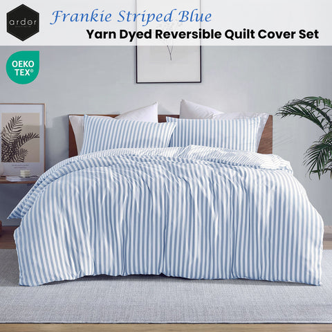 Ardor Frankie Blue Stripe Yarn Dyed Reversible Quilt Cover Set King - SuperSaverAU - view 1
