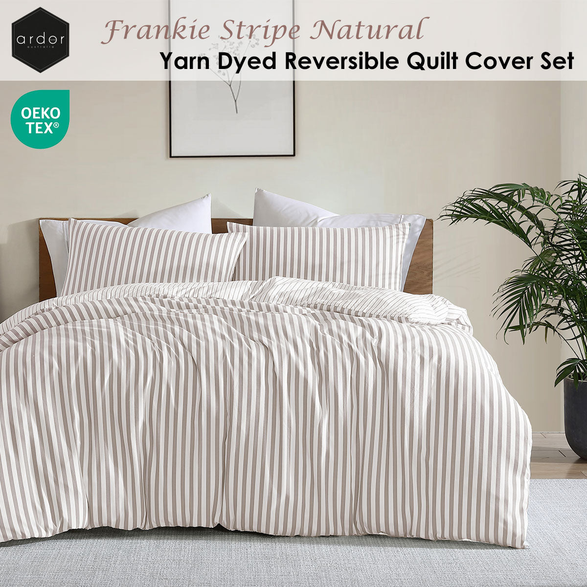 Ardor Frankie Natural Stripe Yarn Dyed Reversible Quilt Cover Set Queen - SuperSaverAU - view 2