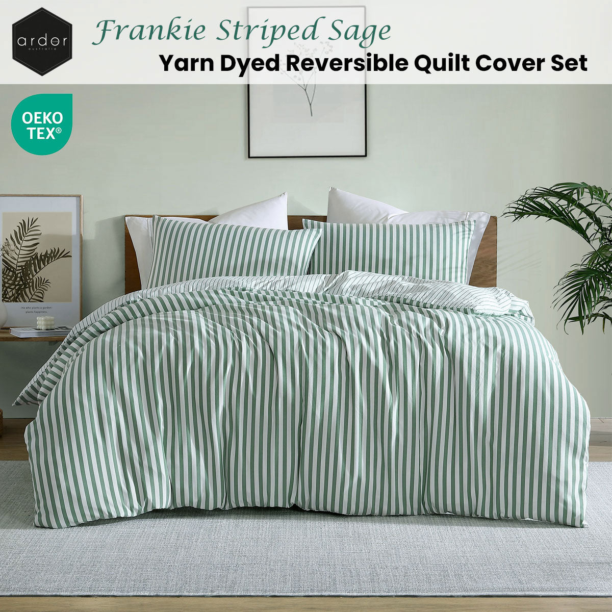 Ardor Frankie Sage Stripe Yarn Dyed Reversible Quilt Cover Set Queen