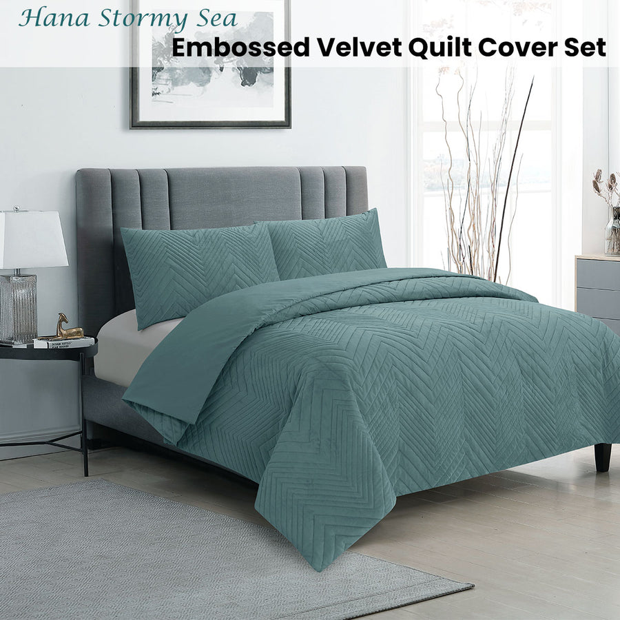 Ardor Quilt Cover Set King - Chevron Embossed Velvet, Stormy Sea Design - SuperSaverAU - view 1