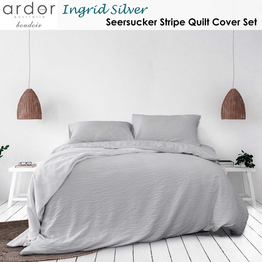 Ardor Ingrid Silver Seersucker Stripe Quilt Cover Set Queen - Ruched Design - SuperSaverAU - view 1