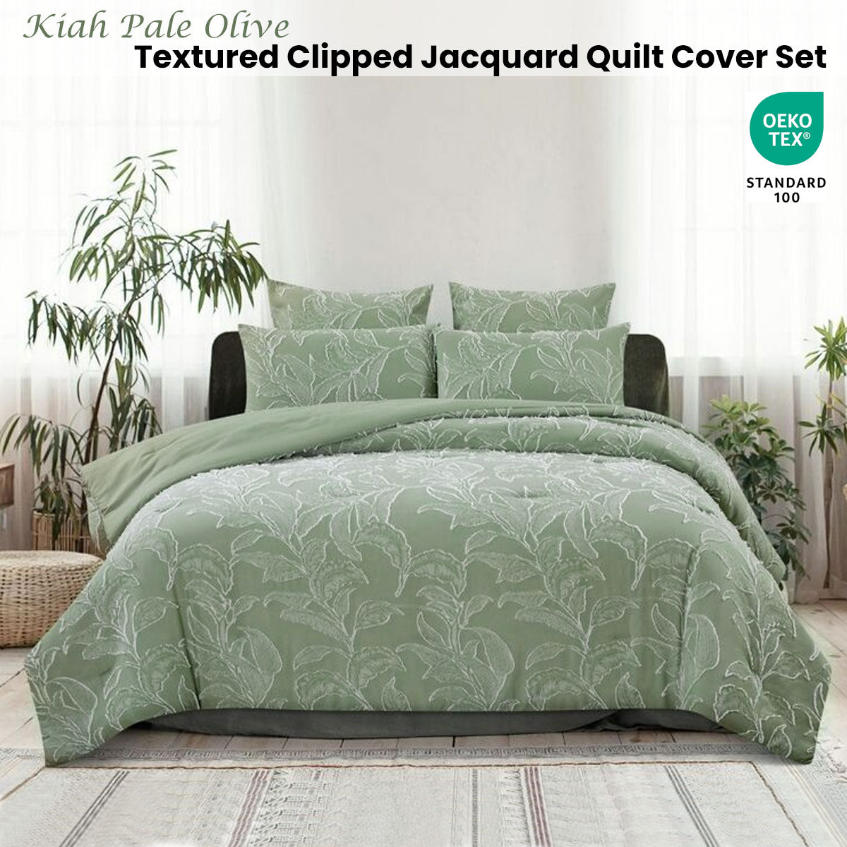 Ardor Quilt Cover Set Queen - Kiah Pale Olive Textured Jacquard Design - SuperSaverAU - view 2