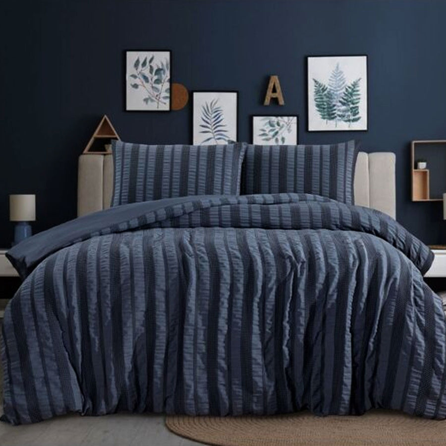 Ardor Seersucker Quilt Cover Set Lisbon Indigo Queen - Waffle Weave, Soft Polyester - SuperSaverAU - view 1