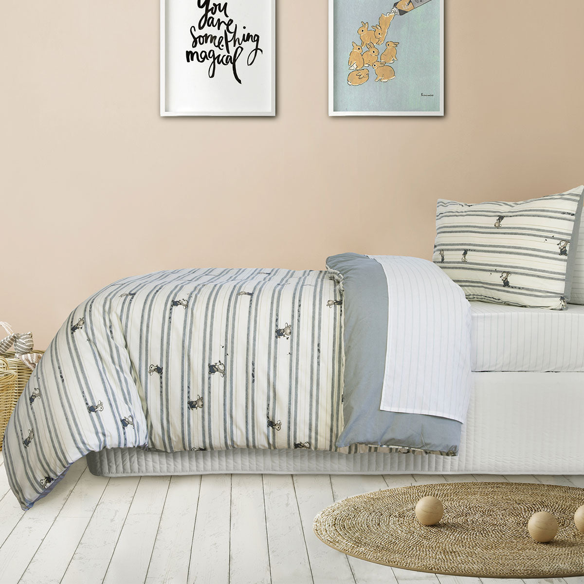 Jelly Bean Kids Logan Denim Quilt Cover Set Double - Stripes Print, Bunny Design - SuperSaverAU - view 1