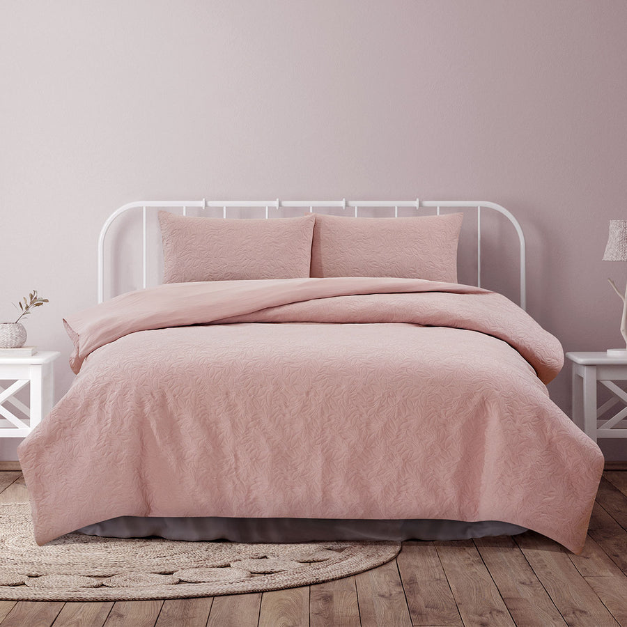 Ardor Lottie Blush Embossed Quilt Cover Set King - Foliage Design, Soft Microfibre - SuperSaverAU - view 1