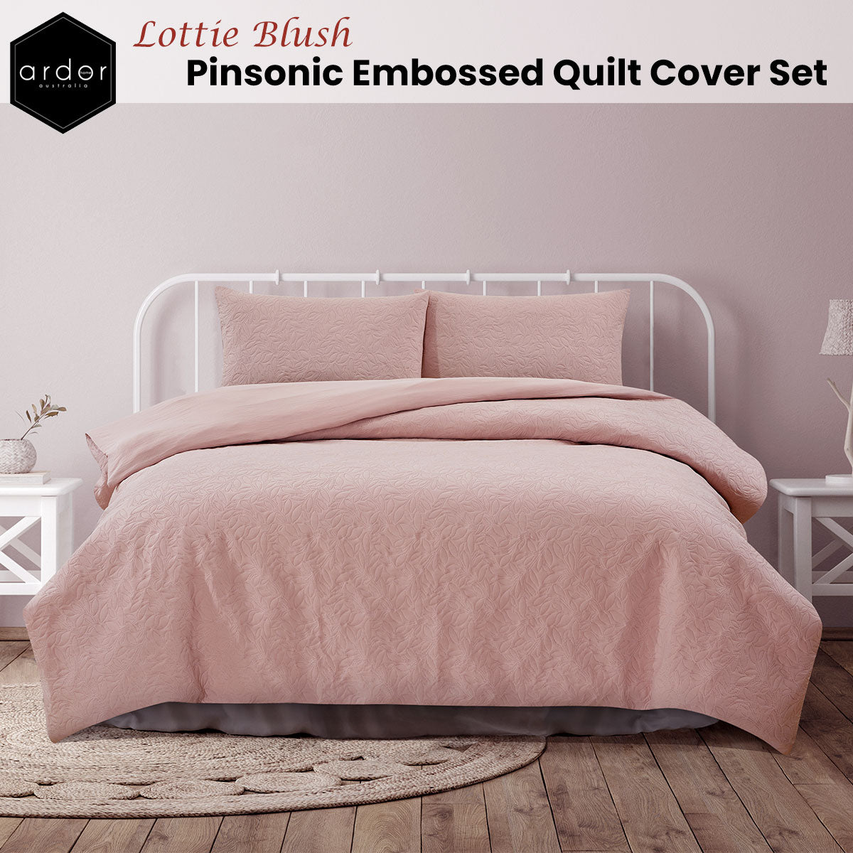 Ardor Lottie Blush Embossed Quilt Cover Set King - Foliage Design, Soft Microfibre - SuperSaverAU - view 2