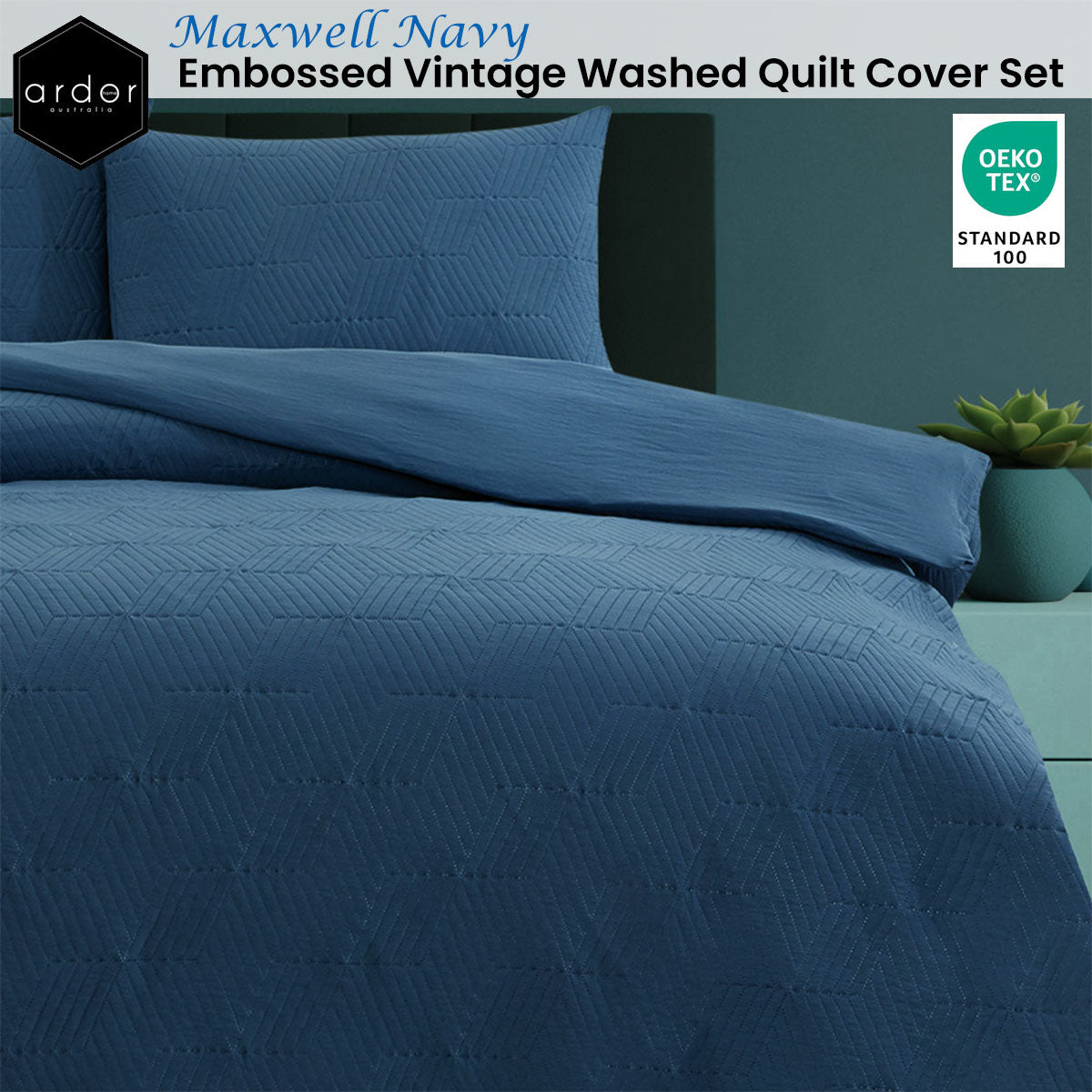 Ardor Quilt Cover Set Navy Diamond Pattern Queen - Vintage Washed - SuperSaverAU - view 2
