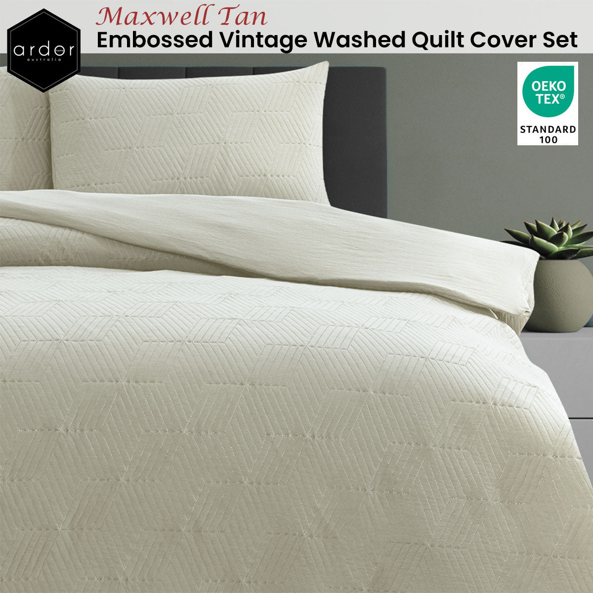 Ardor Quilt Cover Set Queen - Maxwell Tan Embossed Vintage Washed, Diamond Pattern - SuperSaverAU - view 2