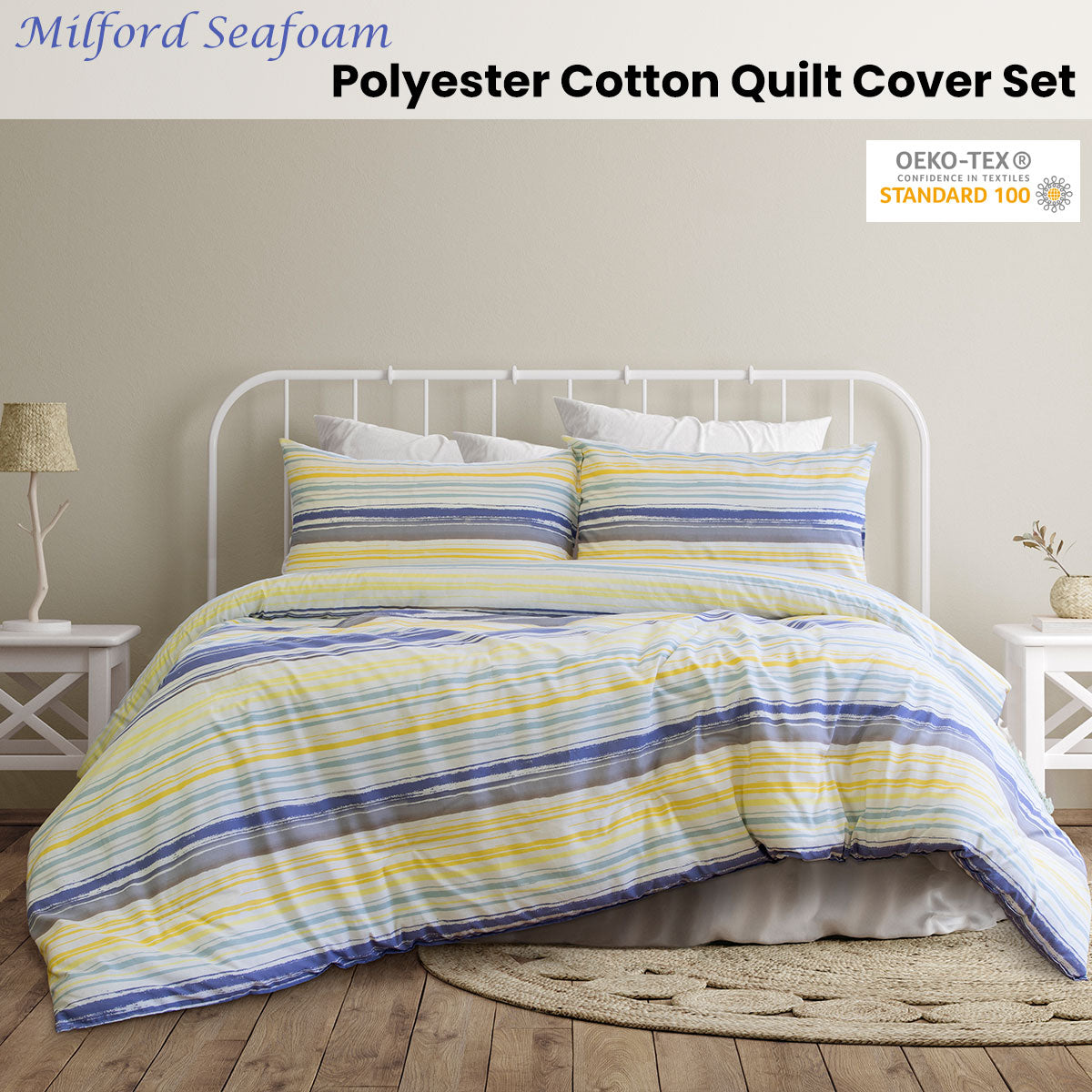 Ardor Milford Seafoam Quilt Cover Set Queen - Stripes Print, Polyester Cotton - SuperSaverAU - view 1
