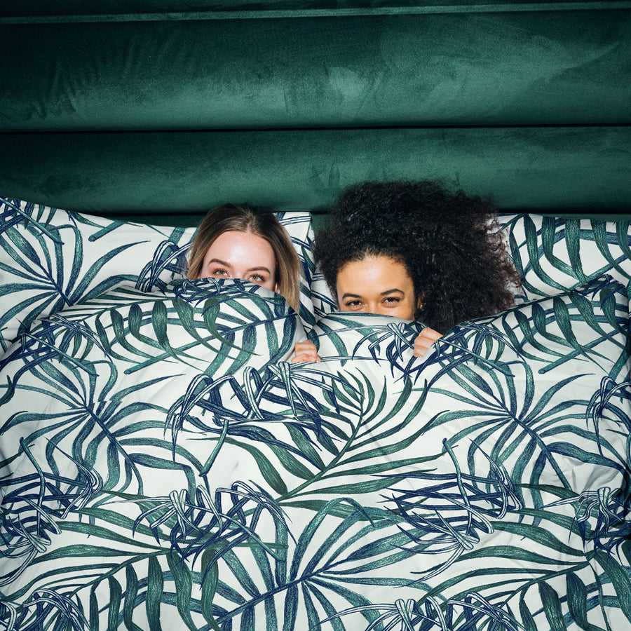 Ardor Paradise Palms Blue Quilt Cover Set Queen - Palm Leaves Print, Polyester Cotton - SuperSaverAU - view 1