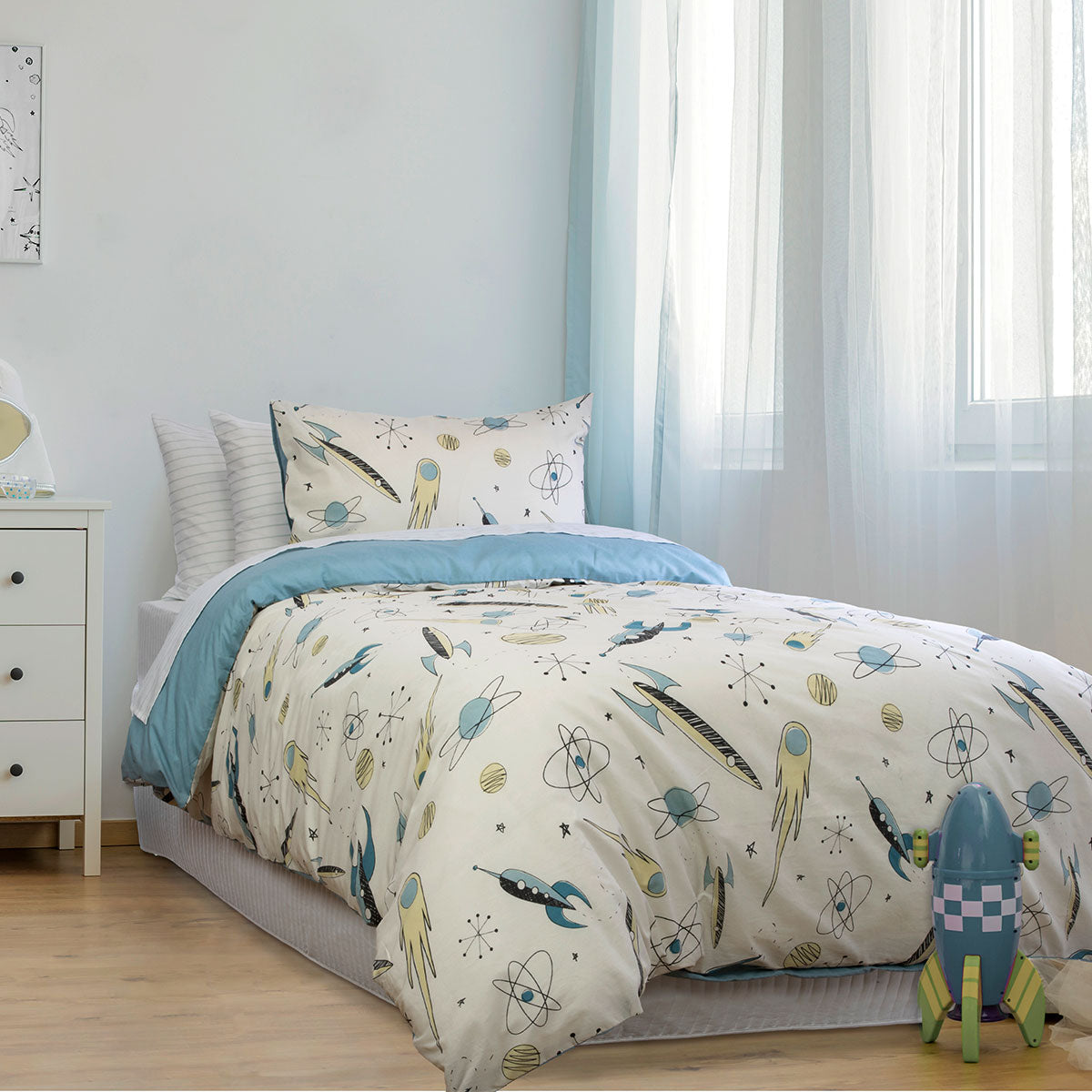 Jelly Bean Kids Rocket Boy Chambray Quilt Cover Set Double - Rockets Print Design - SuperSaverAU - view 1