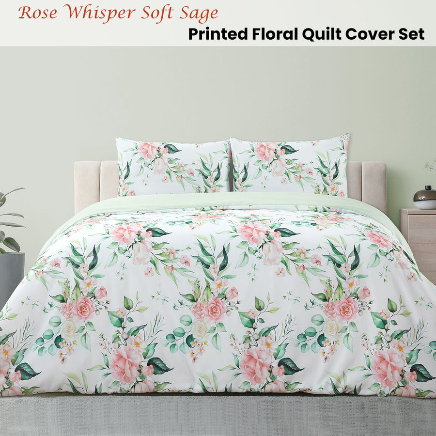 Ardor Floral Quilt Cover Set King - Rose Whisper Soft Sage, 2 Pillowcases - SuperSaverAU - view 1