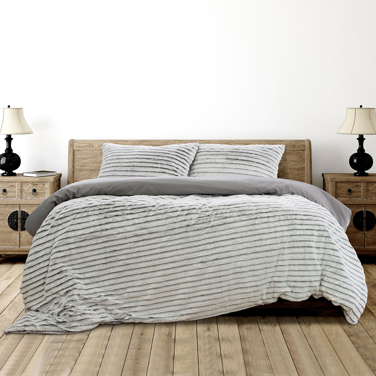 Ardor Striped Animal Faux Fur Grey Quilt Cover Set Queen - Ultra Soft, Easy Care - SuperSaverAU - view 1