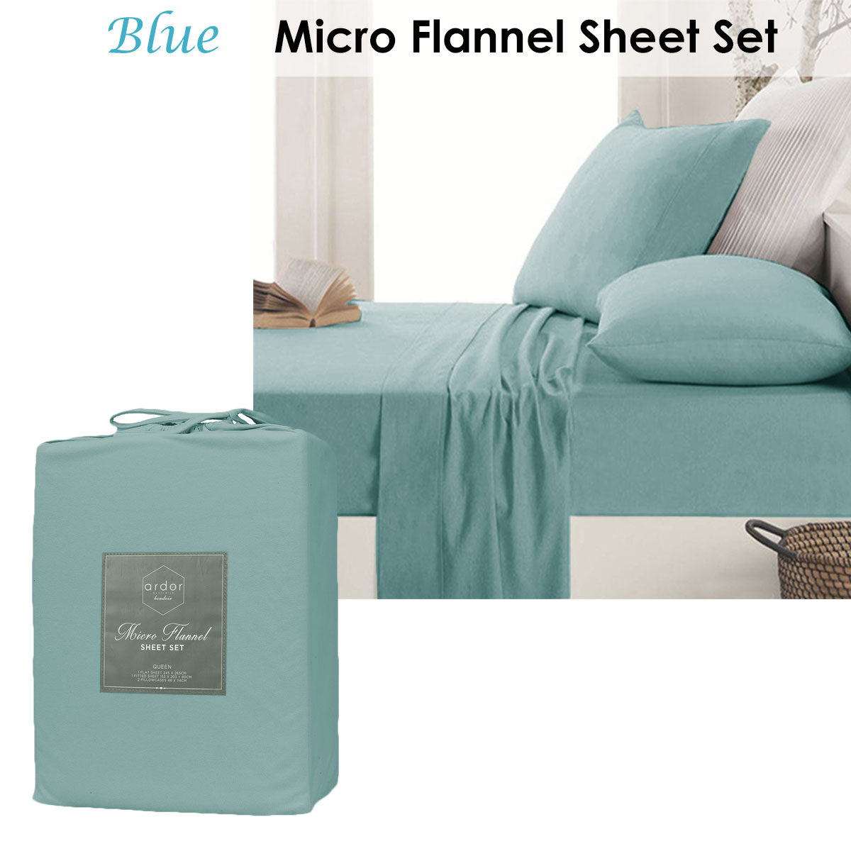 Ardor Micro Flannel Sheet Set Blue Mega King - Solid Colour Design, Polyester - SuperSaverAU - view 2
