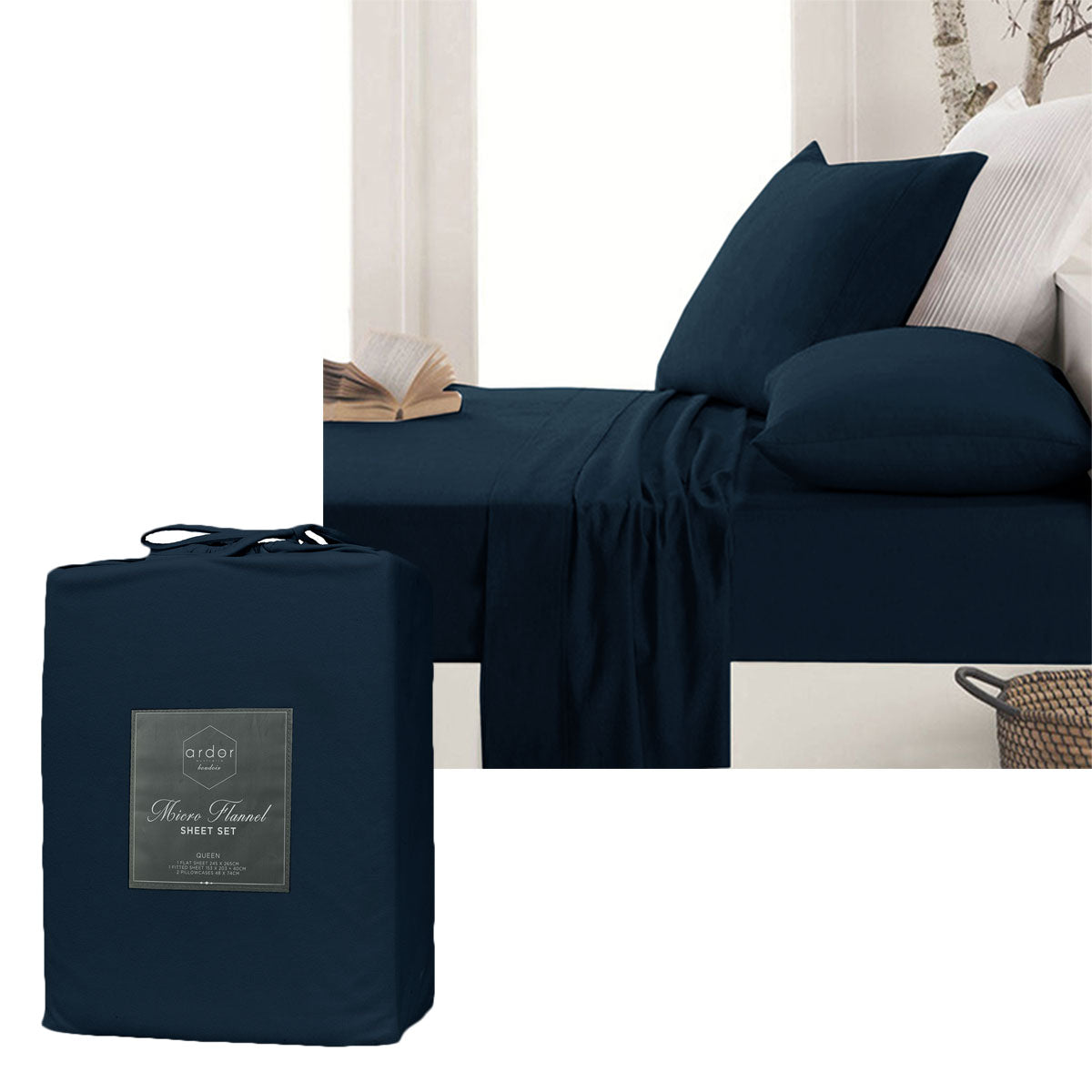 Ardor Micro Flannel Sheet Set Navy King - Soft Polyester, Solid Colour Design - SuperSaverAU - view 1