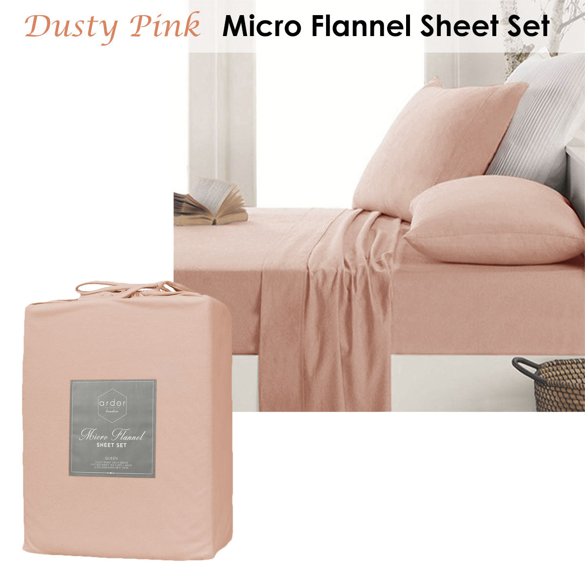 Ardor Micro Flannel Sheet Set Dusty Pink King - Soft Polyester, Solid Design - SuperSaverAU - view 2