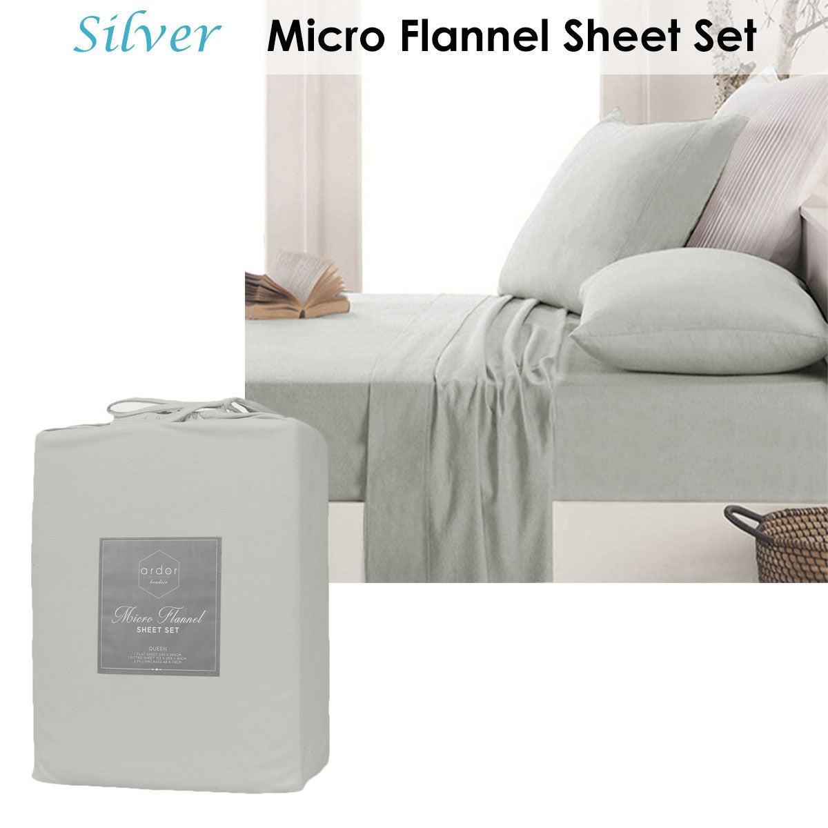 Ardor Micro Flannel Sheet Set Silver - Single, Solid Colour, Polyester