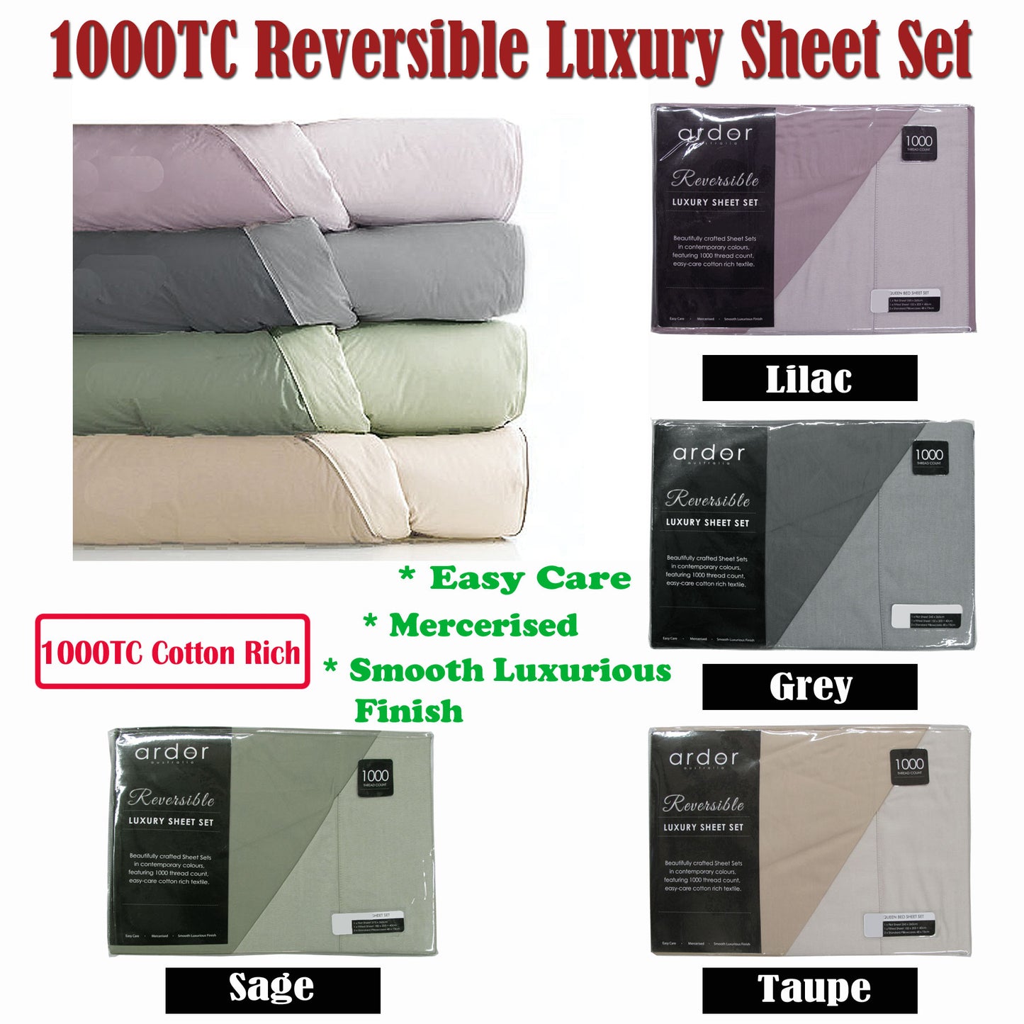 Ardor 1000TC Cotton Rich Reversible Sheet Set Sage KING - Luxurious & Easy Care