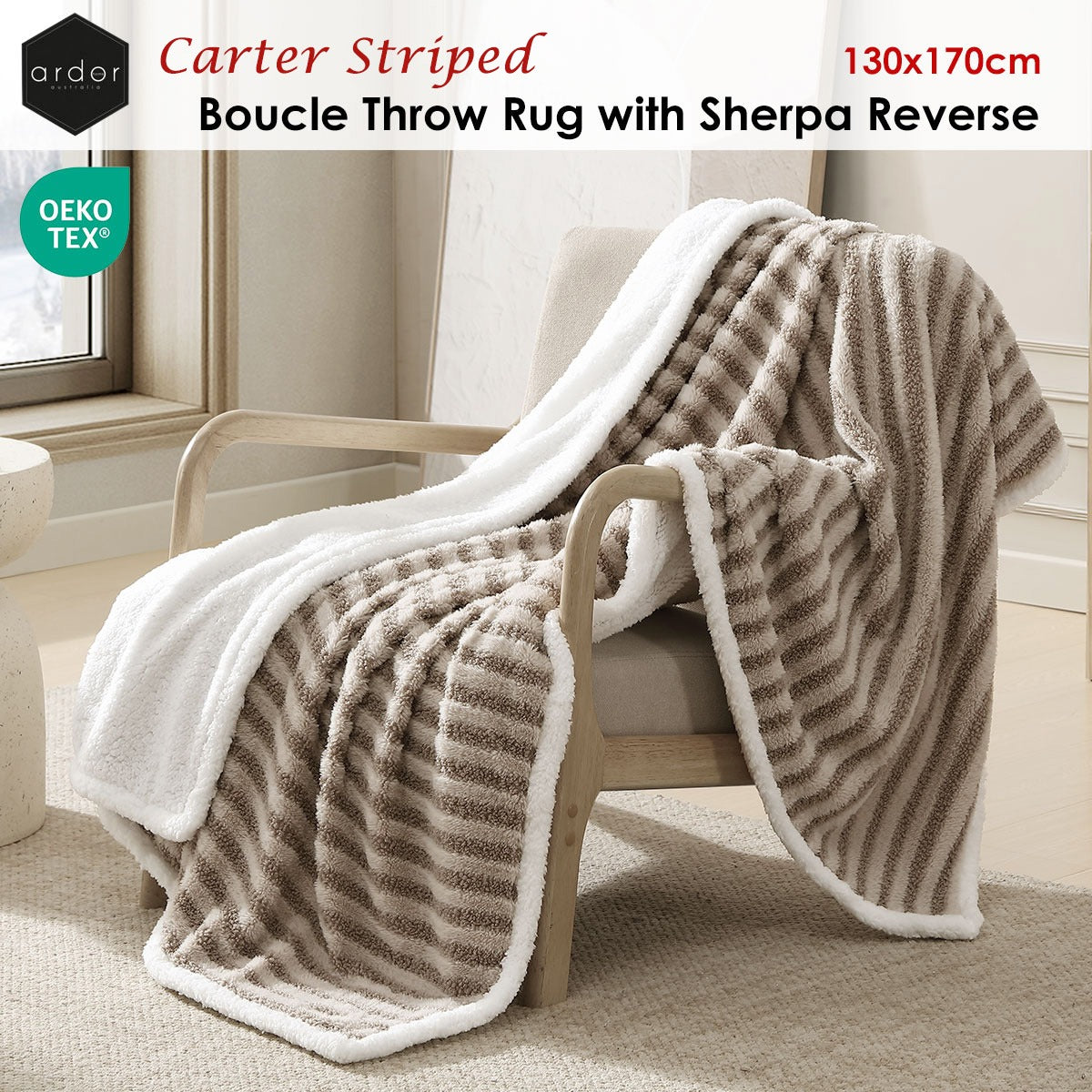 Ardor Carter Striped Boucle Throw Rug – Sherpa Reverse 130 x 170cm