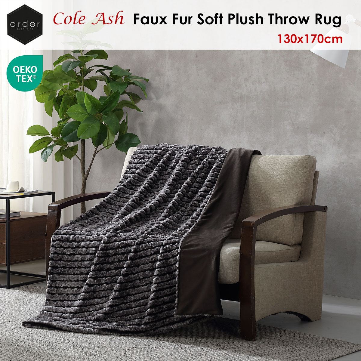 Ardor Cole Ash Striped Faux Fur Throw Rug – 130 x 170cm