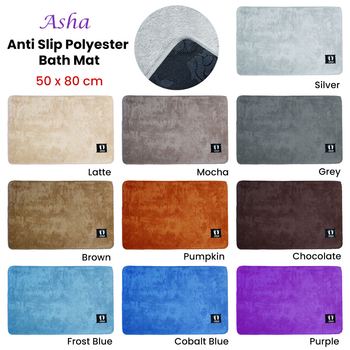 Asha Anti Slip Bath Mat 50 x 80 cm - Frost Blue, Solid Colour Design - SuperSaverAU - view 2