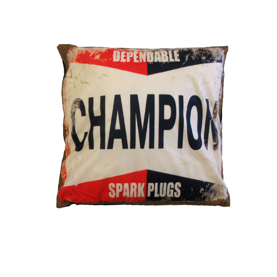 Australian Mancave Retro Cushion with Champion Spark Plugs Print - 40 x 40cm