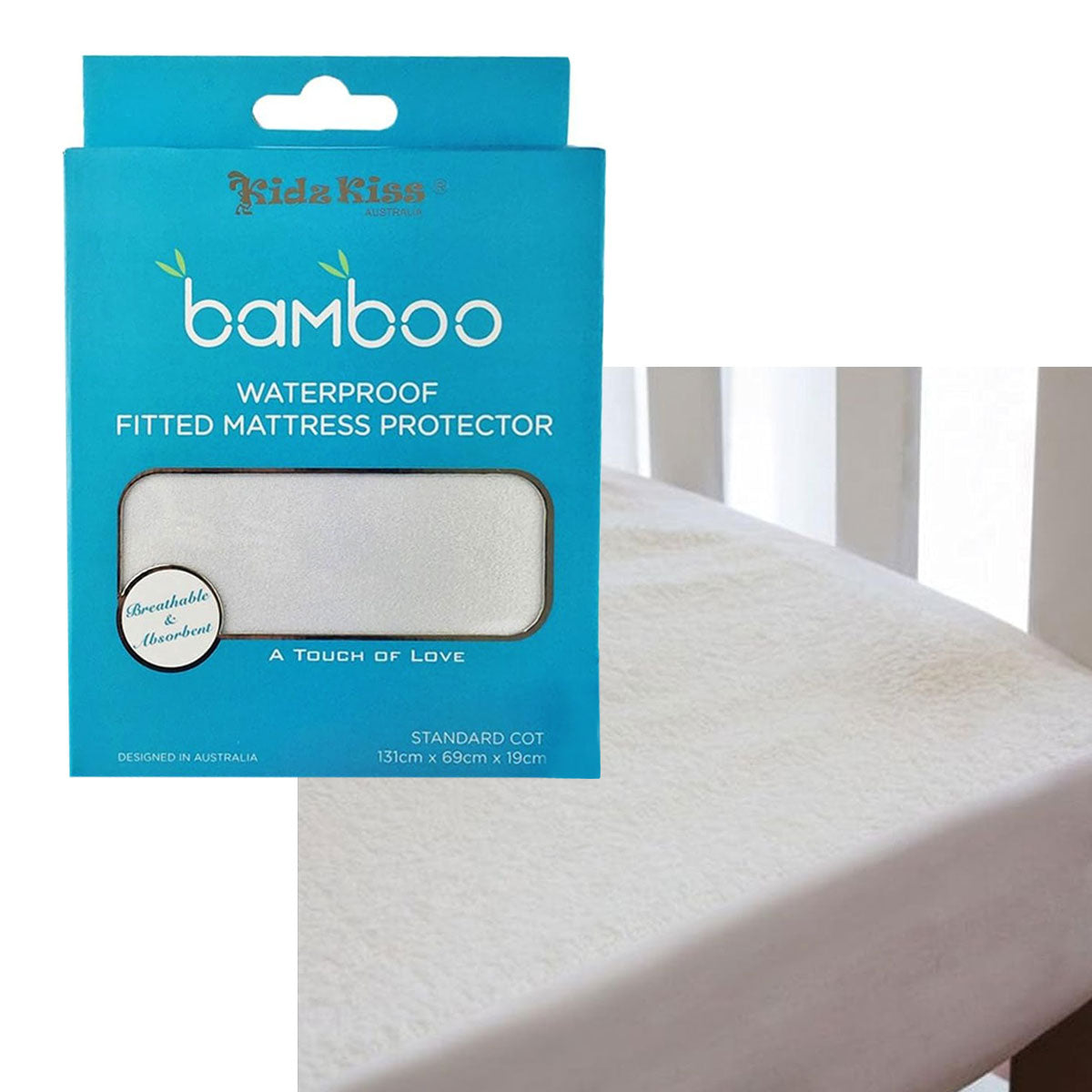 Kidz Kiss Waterproof Fitted Mattress Protector 131x69x19cm - Bamboo, Machine Washable - SuperSaverAU - view 1