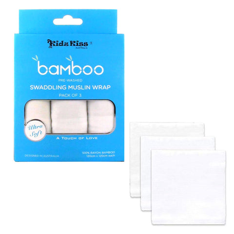 Kidz Kiss Swaddling Muslin Wraps - 3 Pack, 120x120cm, 100% Rayon Bamboo - SuperSaverAU - view 1