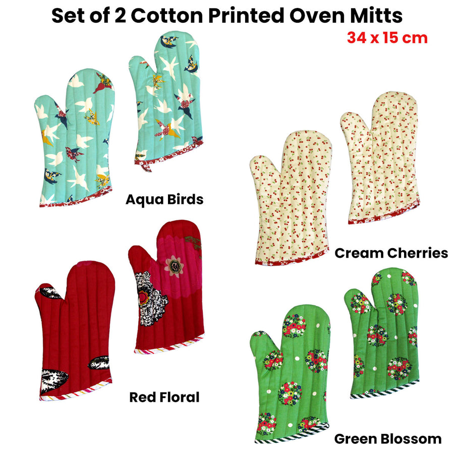 The Entertainer Collection Set of 2 100% Cotton Printed Oven Mitts 34 x 15 cm Aqua Birds - SuperSaverAU - view 1