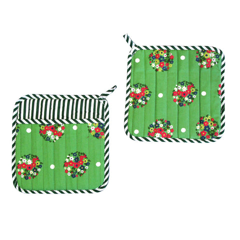 The Entertainer Collection Set of 2 100% Cotton Printed Pot Holders 22 x 22 cm Green Blossom - SuperSaverAU - view 1