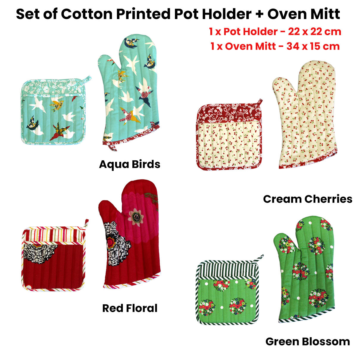 The Entertainer 100% Cotton Printed Oven Mitt + Pot Holder Set 34x15cm Green Blossom - SuperSaverAU - view 1