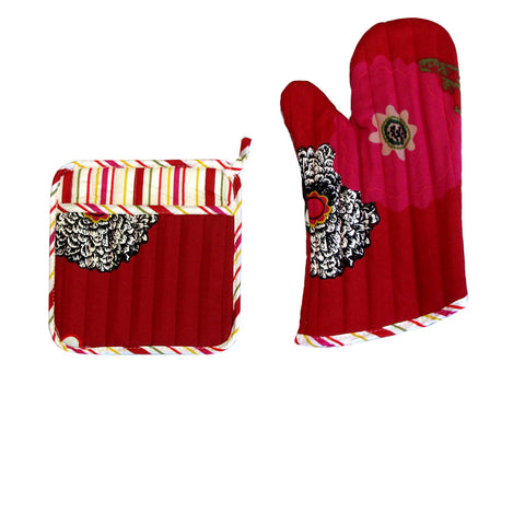 The Entertainer Collection 100% Cotton Printed Oven Mitt + Pot Holder Set 34x15cm Red Floral - SuperSaverAU - view 1