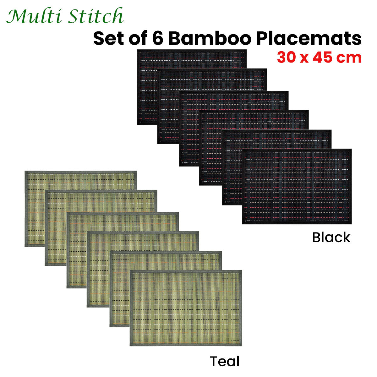 Set of 6 Multi Stitch Bamboo Table Placemats 30 x 45cm - Non-Skid Backing, Woven Design - SuperSaverAU - view 1