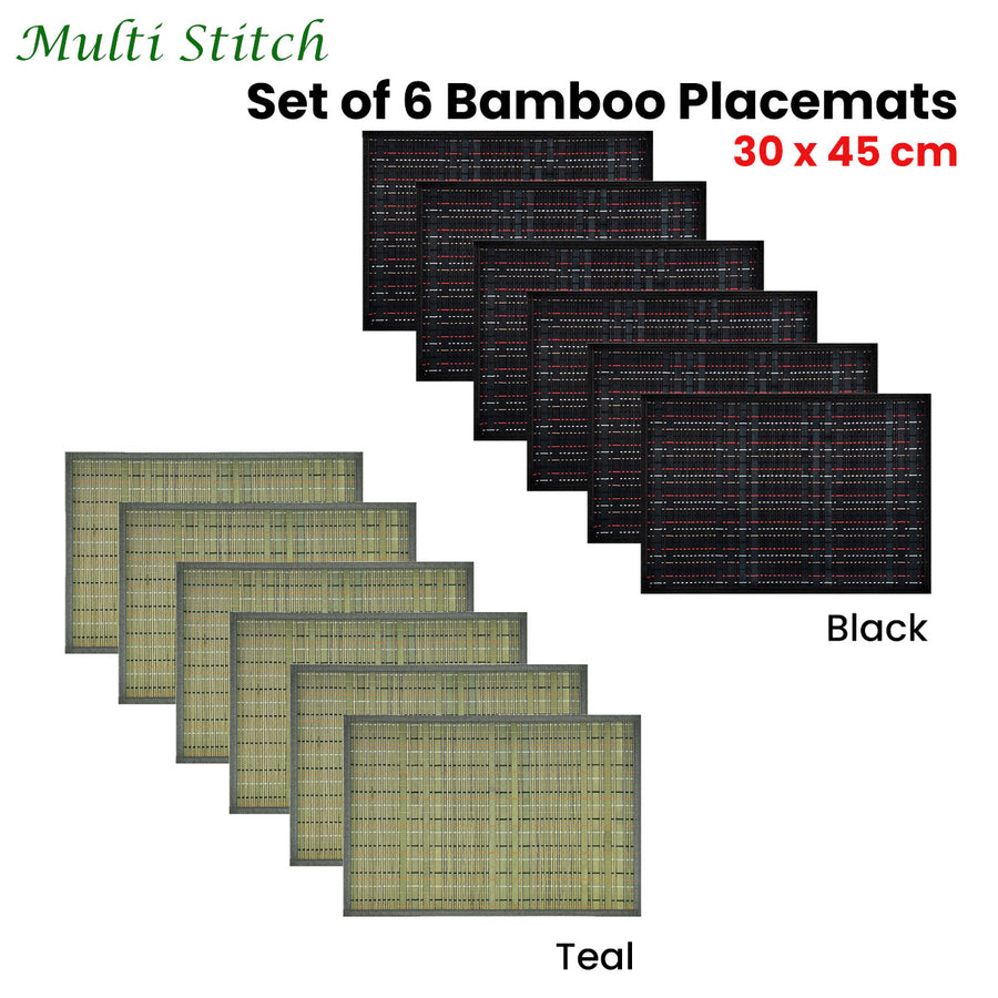 Set of 6 Multi Stitch Bamboo Table Placemats 30 x 45cm - Non-Skid Backing, Woven Design - SuperSaverAU - view 1