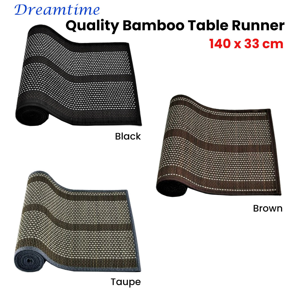 Dreamtime Bamboo Table Runner 140 x 33cm - Woven Design, Non-skid Backing, Taupe - SuperSaverAU - view 1