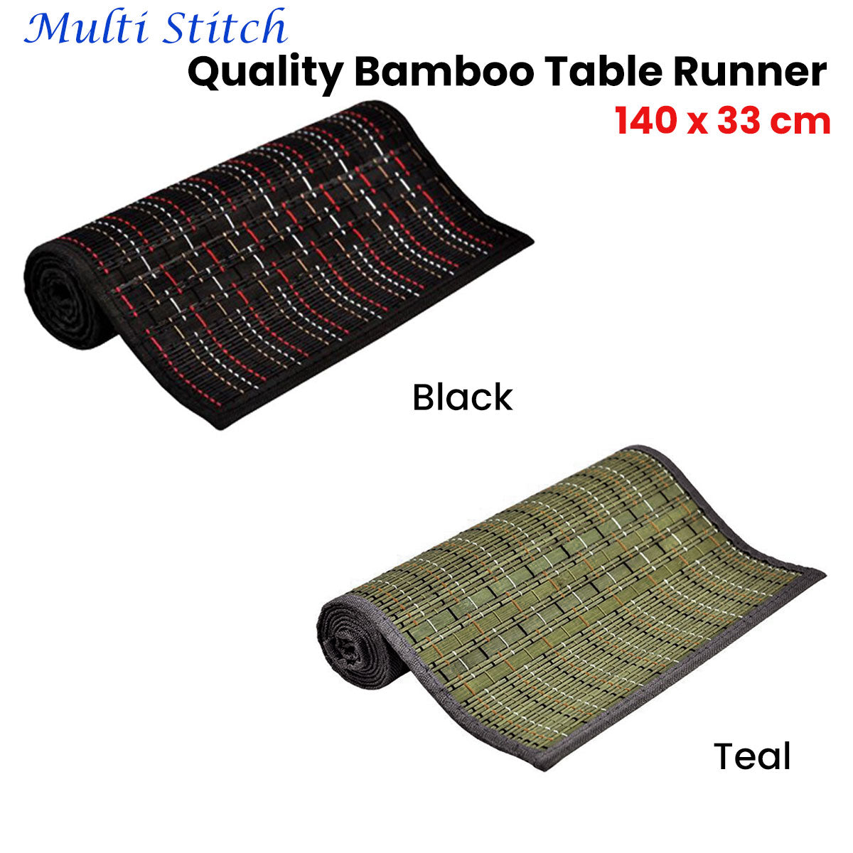 Multi Stitch Bamboo Table Runner 140 x 33cm - Woven Design, Non-skid Backing, Black - SuperSaverAU - view 1