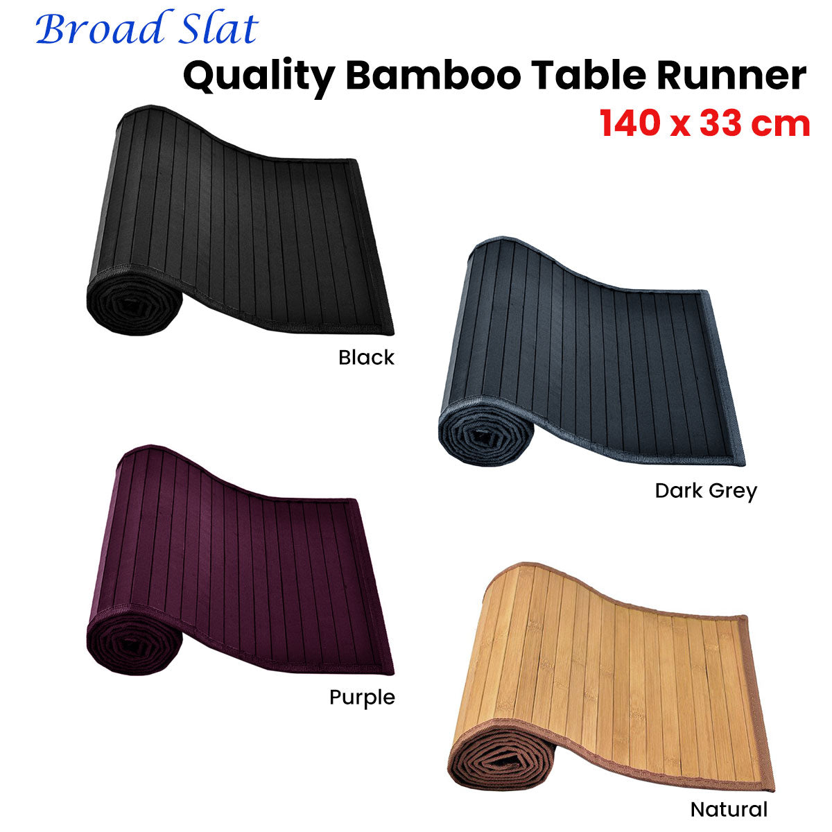 Broad Slat Bamboo Table Runner 140 x 33cm - Woven Design, Non-skid Backing, Dark Grey - SuperSaverAU - view 1