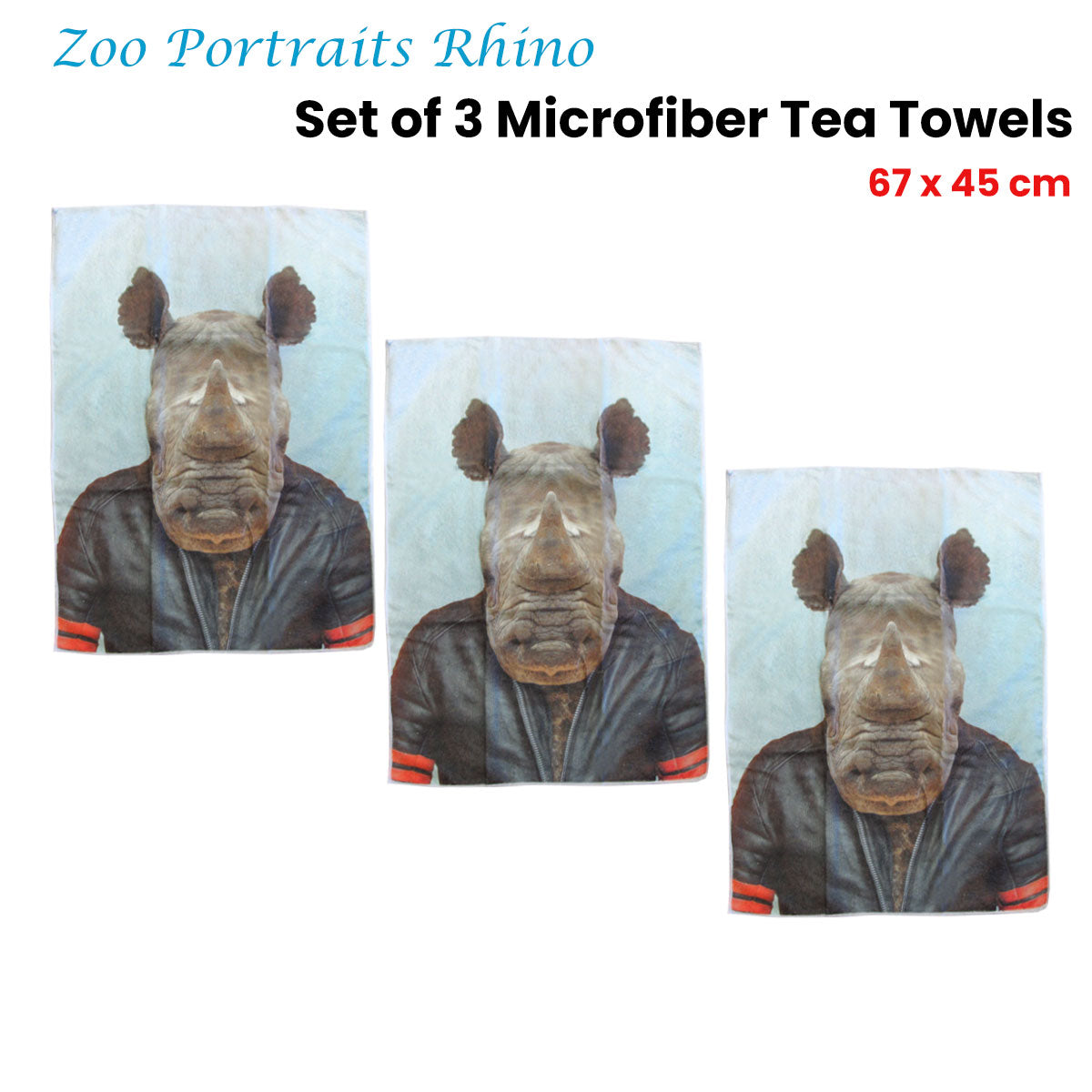 Set of 3 Zoo Portraits Microfiber Tea Towels Rhino 67 x 45 cm - Animal Print Design - SuperSaverAU - view 1