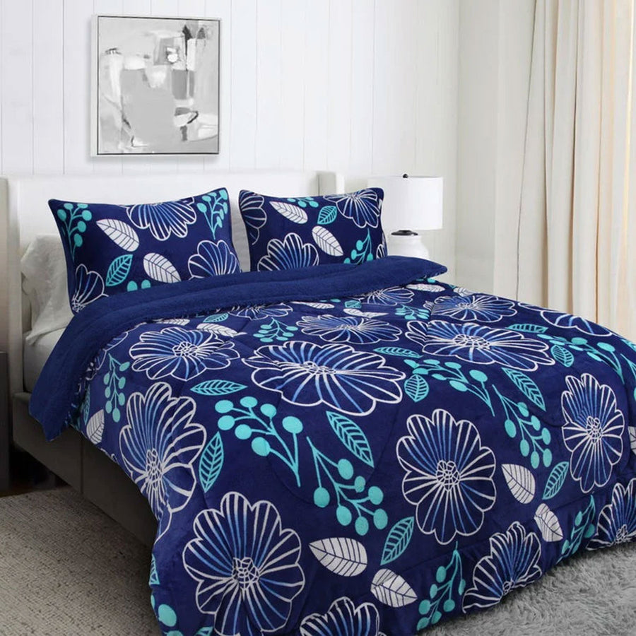 Ramesses Blue Flower Printed Sherpa Flannel Fleece Reversible Blanket Set Single/Double - SuperSaverAU - view 1