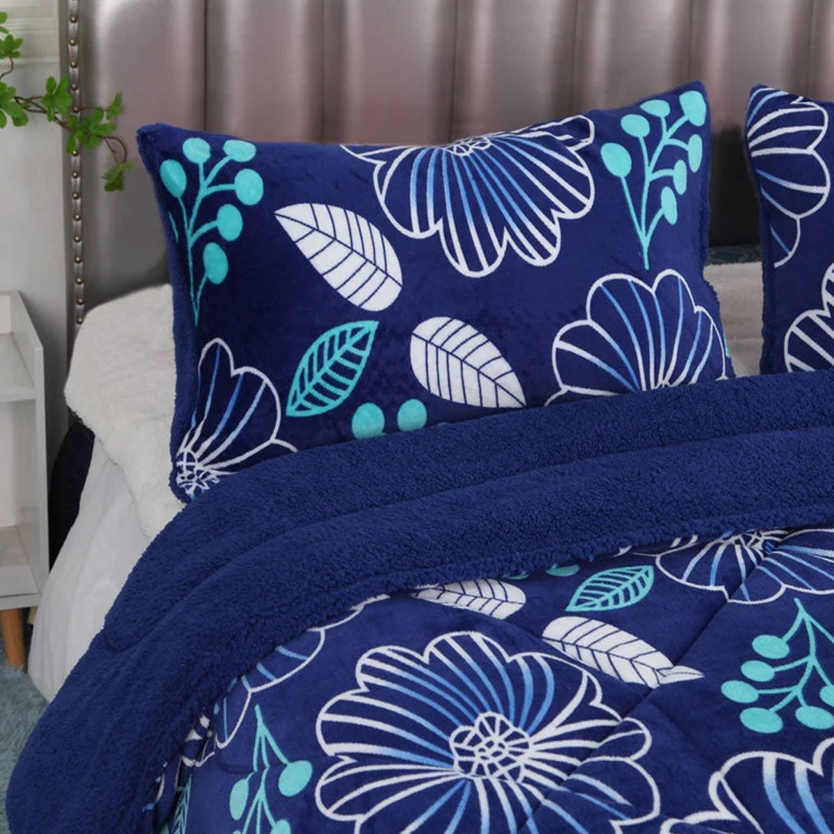 Ramesses Blue Flower Printed Sherpa Flannel Fleece Reversible Blanket Set Single/Double - SuperSaverAU - view 2