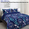 Ramesses Blue Flower Printed Sherpa Flannel Fleece Reversible Blanket Set Queen/King - SuperSaverAU - view 1
