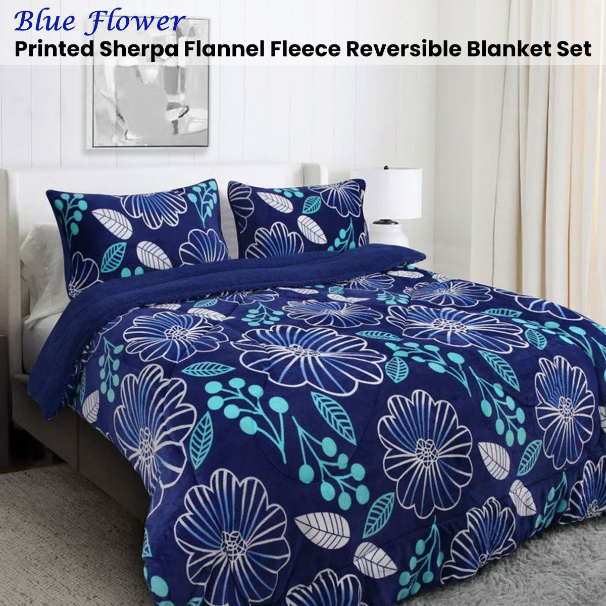 Ramesses Blue Flower Printed Sherpa Flannel Fleece Reversible Blanket Set Queen/King - SuperSaverAU - view 1