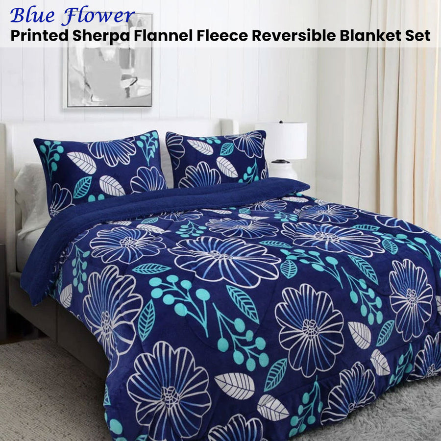 Ramesses Blue Flower Printed Sherpa Flannel Fleece Reversible Blanket Set Queen/King - SuperSaverAU - view 1