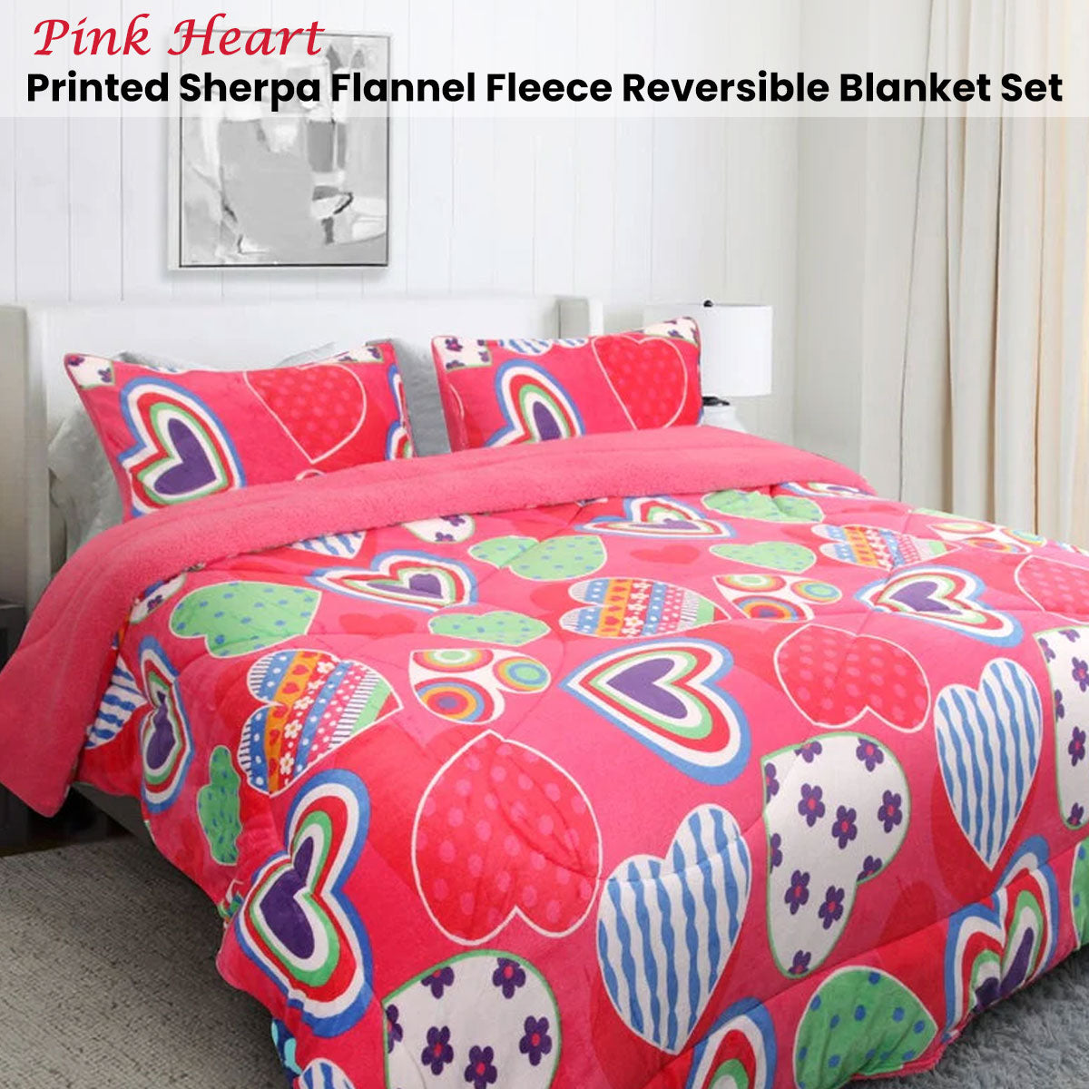 Ramesses Pink Heart Printed Sherpa Flannel Fleece Reversible Blanket Set Single/Double - SuperSaverAU - view 2