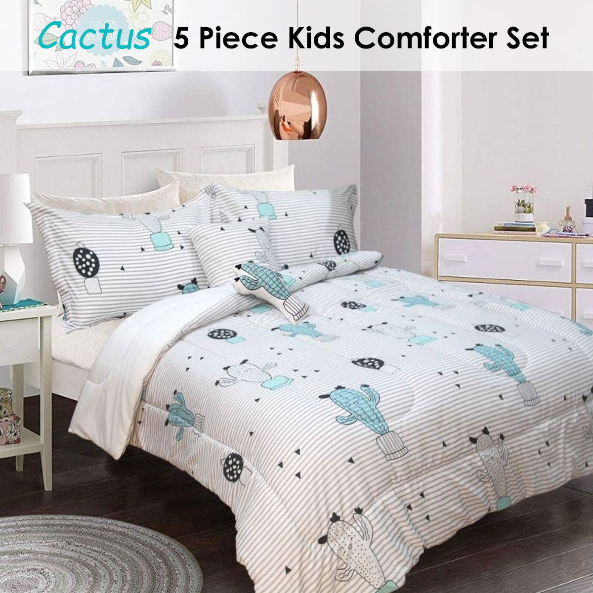 Ramesses 5 Piece Kids Comforter Set Cactus, Single, Quilted Design, Microfiber - SuperSaverAU - view 1