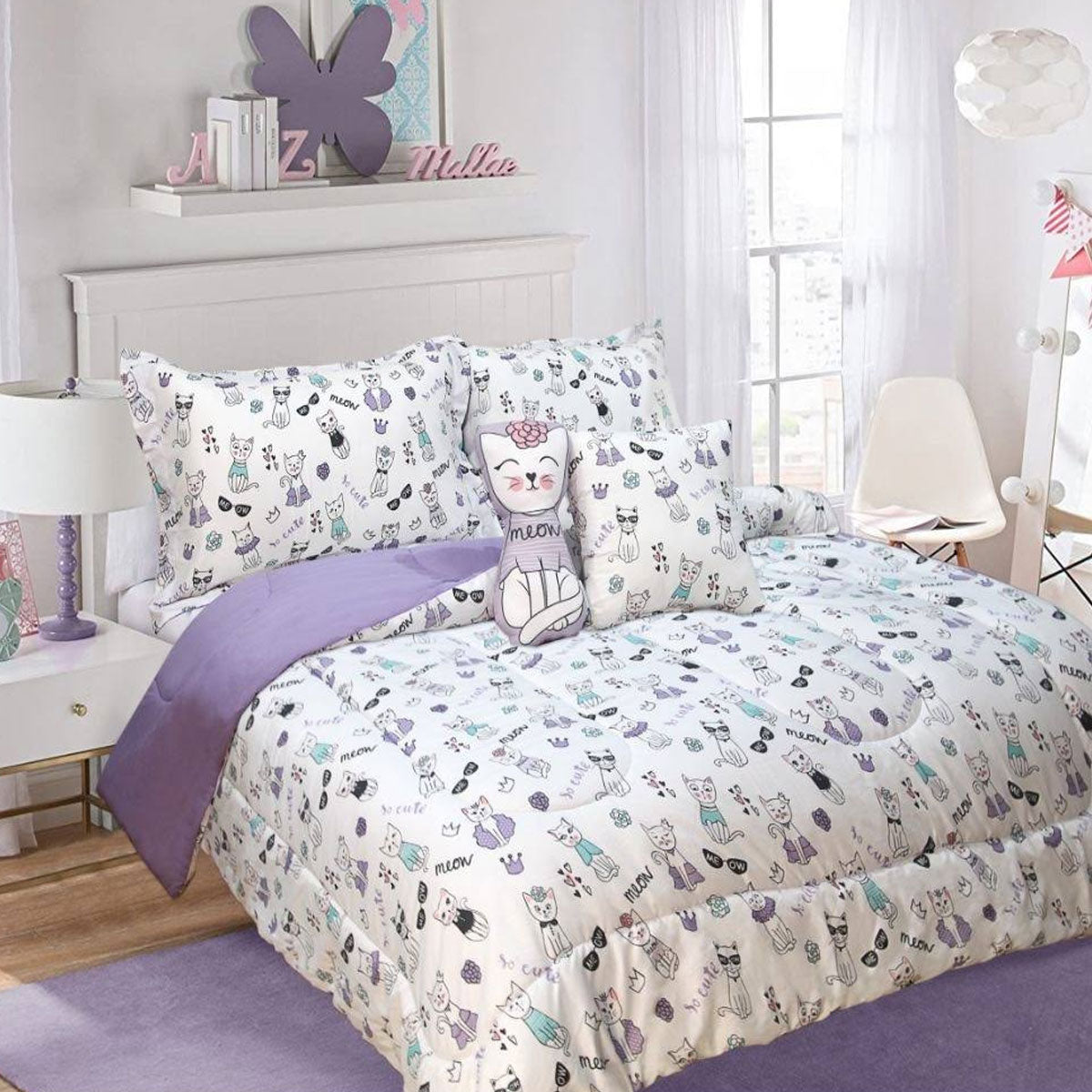 Ramesses 5 Piece Kids Comforter Set Cat, 180 x 220 cm, Quilted Design, Microfiber - SuperSaverAU - view 1