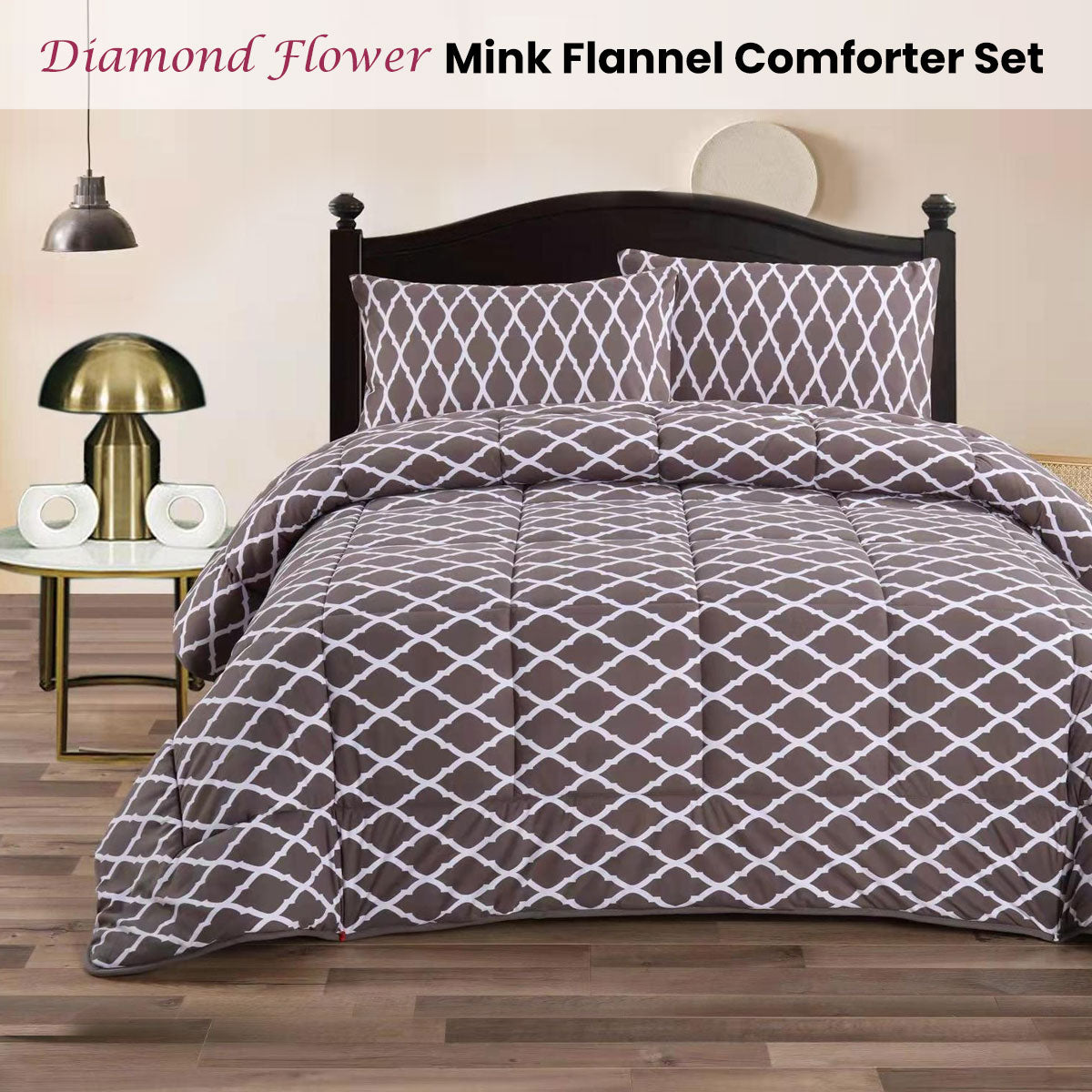 Ramesses Diamond Flower Mink Flannel Comforter Set - King